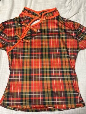 Women’s Orange Plaid Mandarin Collar Top